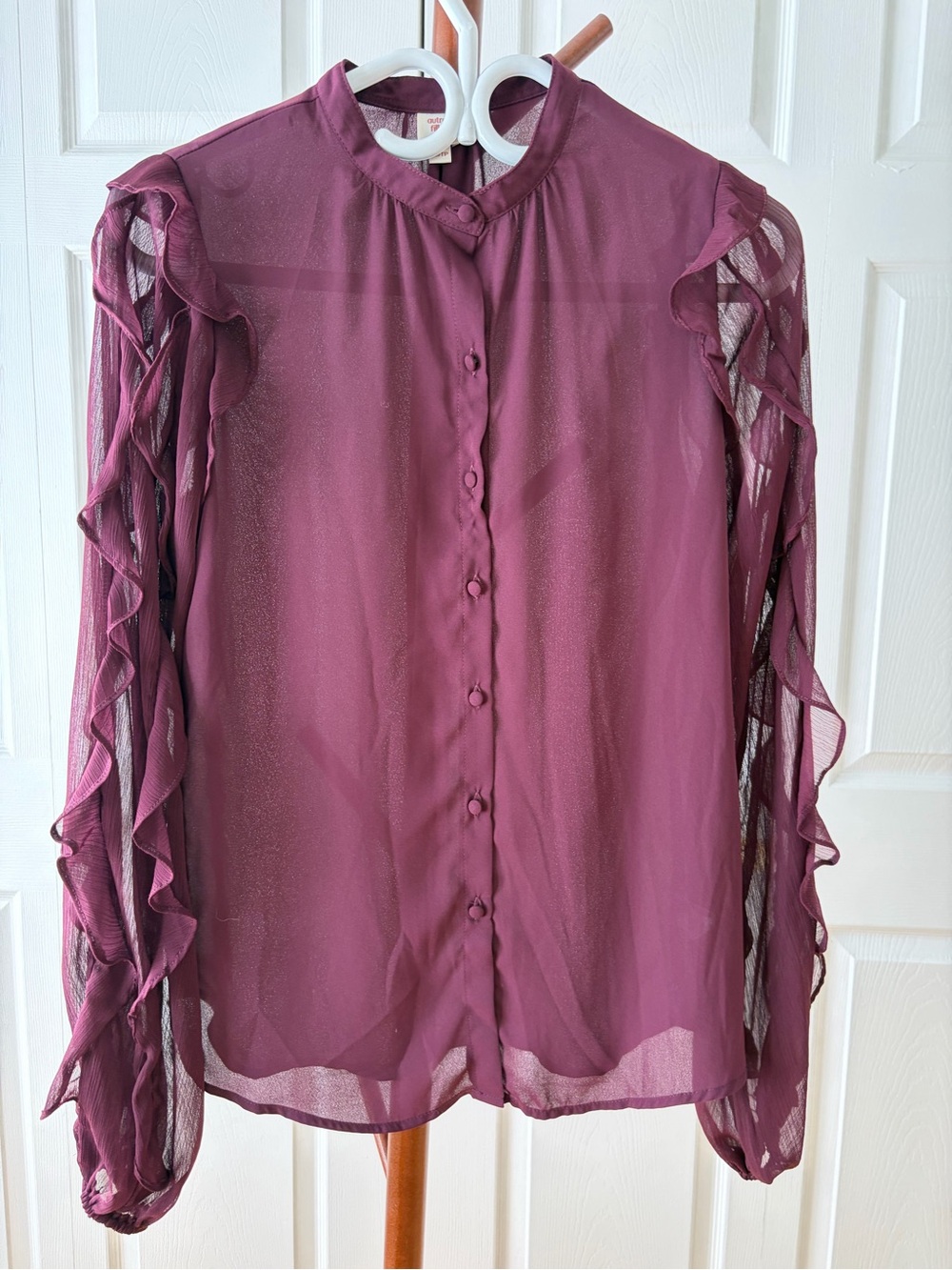 Sheer Ruffle Long-Sleeve Blouse - Plum